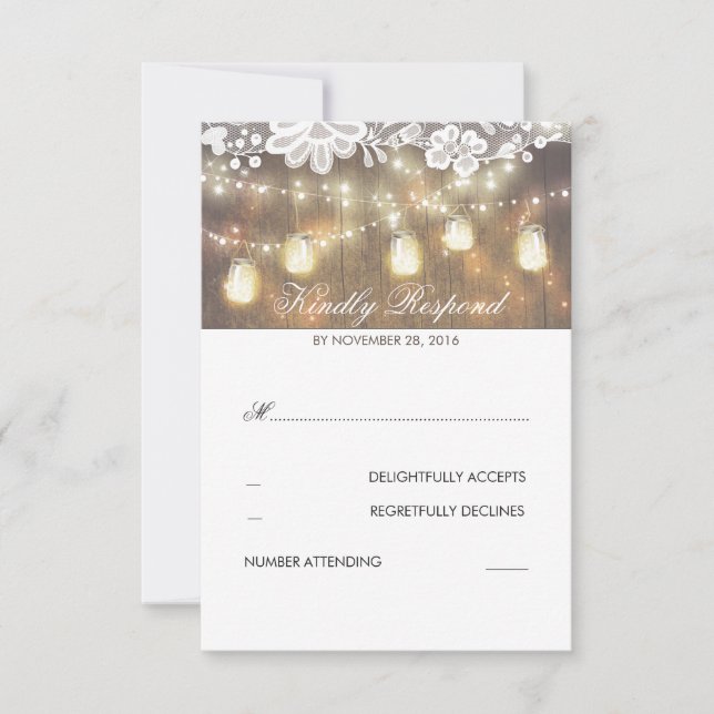 Rustic Wood Lace Mason Jar Lights Wedding RSVP Karte (Vorderseite)