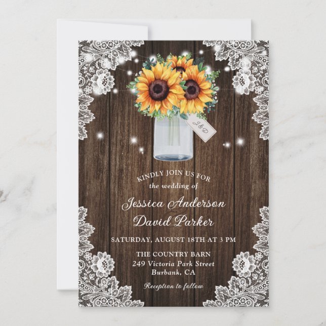 Rustic Wood Lace Mason Jar Sonnenblume Hochzeit Einladung (Vorderseite)