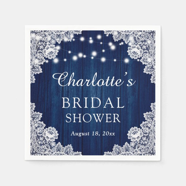 Rustic Wood Lace Navy Blue Brautparty Napkins Serviette (Vorderseite)