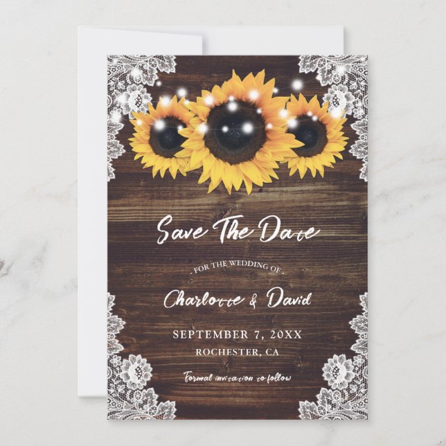 Rustic Wood Lace Sunflower Save the Date Card (Vorderseite)