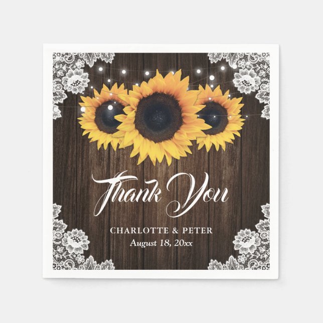 Rustic Wood Lace Sunflower Wedding Vielen Dank Serviette (Vorderseite)