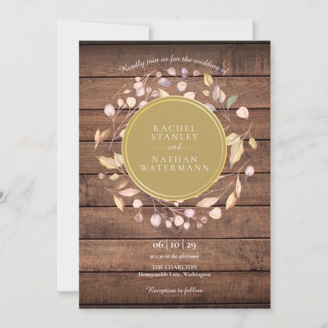 Rustic Wood Laurel Garland Gold Wedding Einladung (Vorderseite)