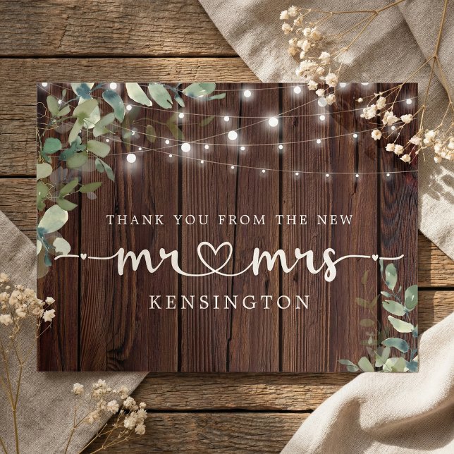 Rustic Wood Lights Eucalyptus New Mr. Mrs. Postkarte (Von Creator hochgeladen)