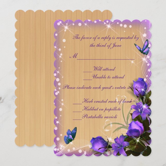 Rustic Wood Lila Floral Butterfly Response Card Einladung (Vorne/Hinten)