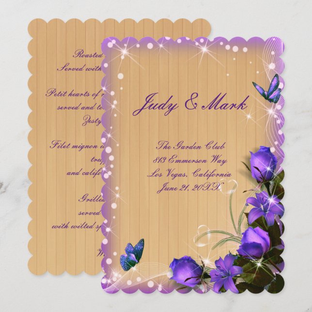 Rustic Wood Lila Floral Wedding Card Einladung (Vorne/Hinten)