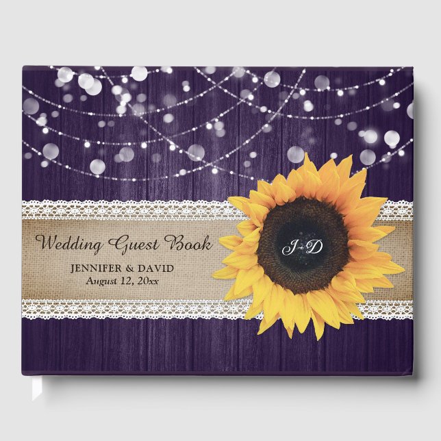 Rustic Wood Lila Sunflower Wedbook Gästebuch (Vorderseite)