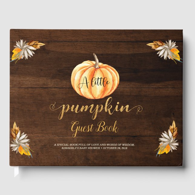 Rustic Wood Little Pumpkin Orange Babydusche Gästebuch (Vorderseite)
