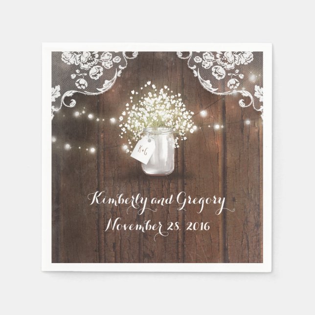 Rustic Wood Mason Jar Gipskraut Barn Wedding Serviette (Vorderseite)