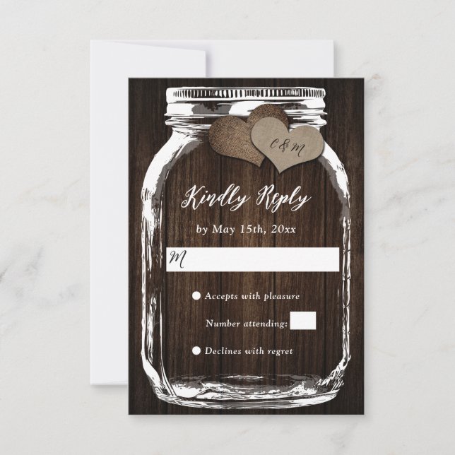 Rustic Wood Mason Jar Hearts Initials Wedding RSVP Karte (Vorderseite)