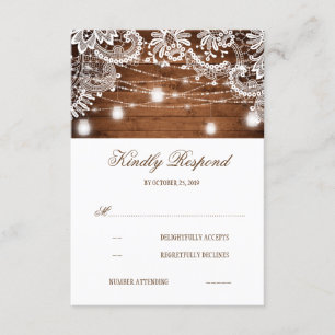Rustic Wood Mason Jar Lights Lace Wedding RSVP Karte