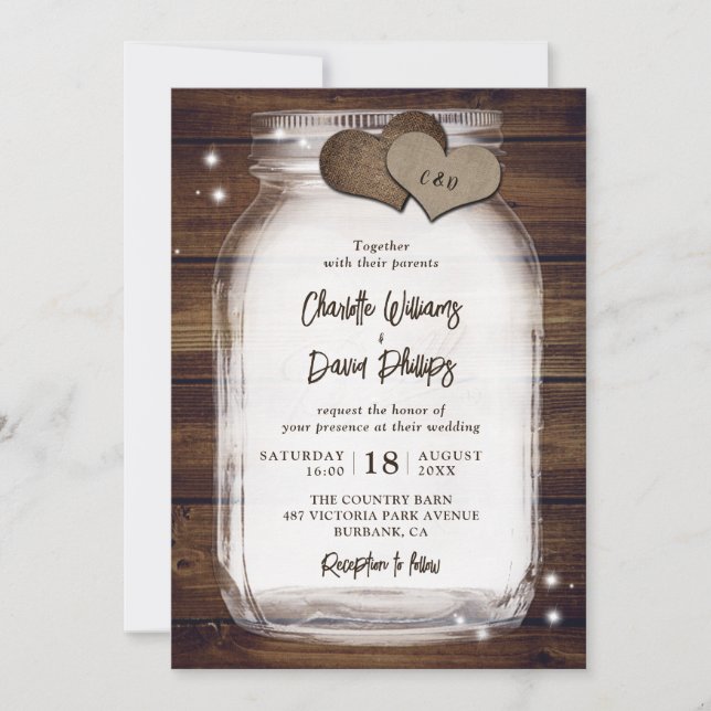 Rustic Wood Mason Jar Mariage Invitations (Devant)