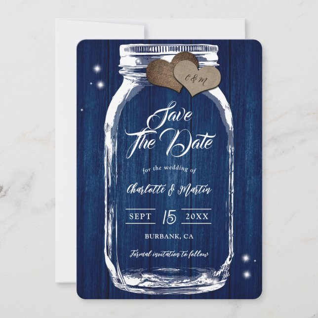 Rustic Wood Mason Jar Navy Blue Wedding Save The Date (Vorderseite)