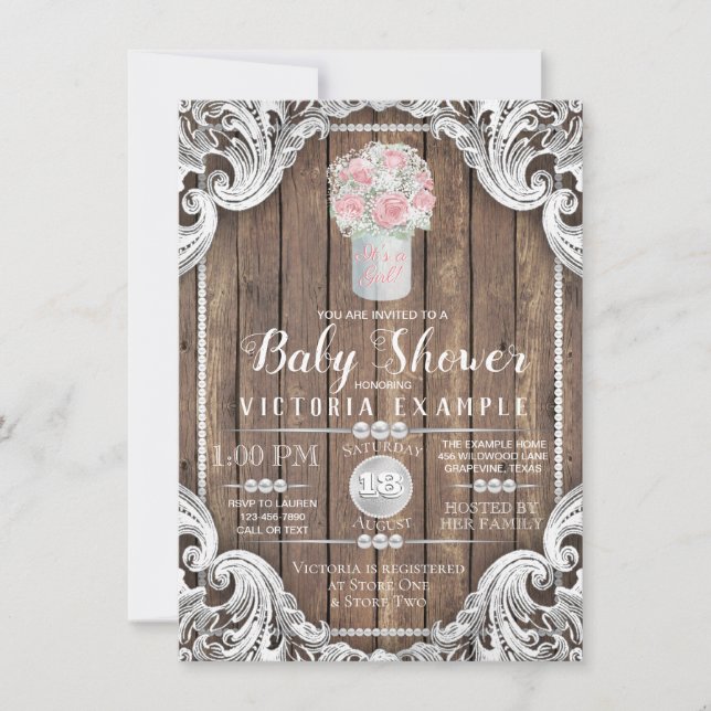 Rustic Wood Mason Jar Pearl Baby shower Invitation (Devant)