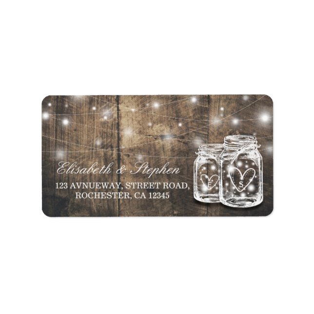 Rustic Wood Mason Jar String Light Wedding Address Adressaufkleber (Vorne)