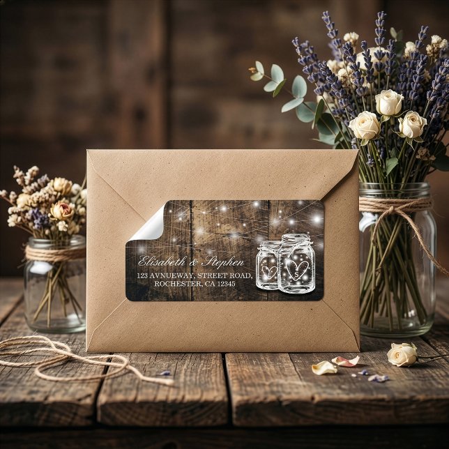Rustic Wood Mason Jar String Light Wedding Address Adressaufkleber (Von Creator hochgeladen)