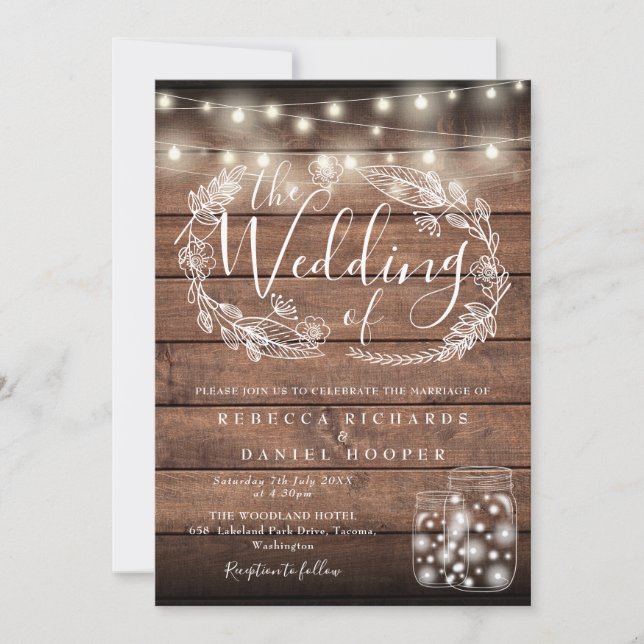Rustic Wood Mason Jar String Lights Script Hochzei Einladung (Vorderseite)