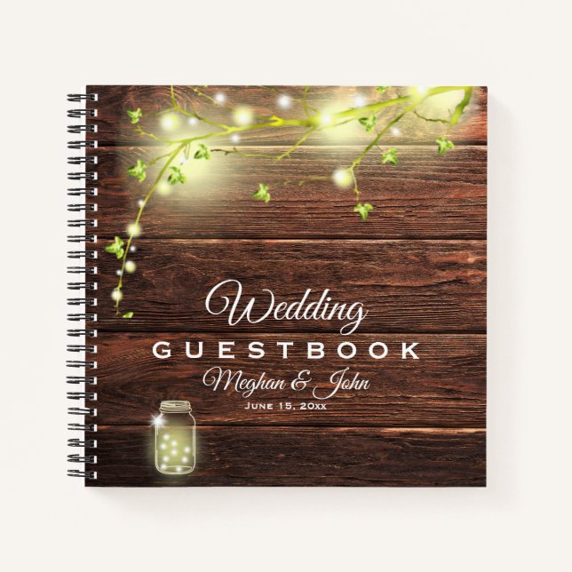 Rustic Wood Mason String Lights Wedding Gästebuch Notizbuch (Vorderseite)