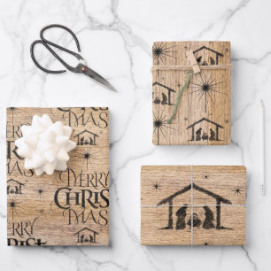 Rustic Wood Merry CHRIST Weihnachten Krippe Christ Geschenkpapier Set