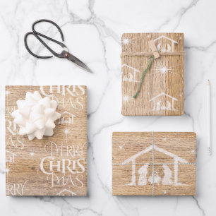 Rustic Wood Merry CHRISTmas Krippe Christlich Whi Geschenkpapier Set