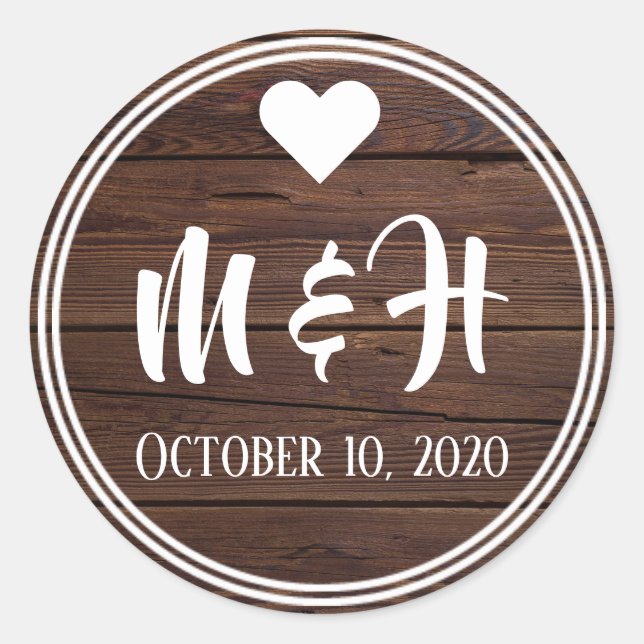 Rustic Wood Monogram Date Umschlag Aufkleber (Vorderseite)