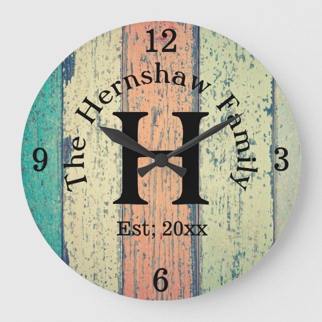 Rustic Wood Monogram Family Große Wanduhr (Vorderseite)