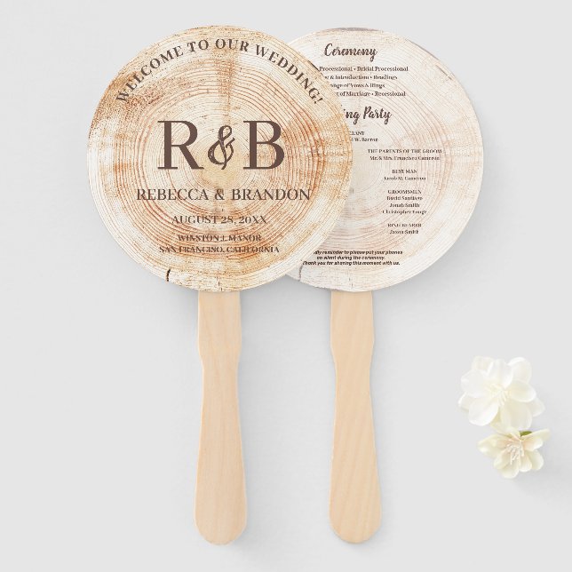 Rustic Wood Monogram Names Wedding Zeremony Fächer (Vorne und Hinten)
