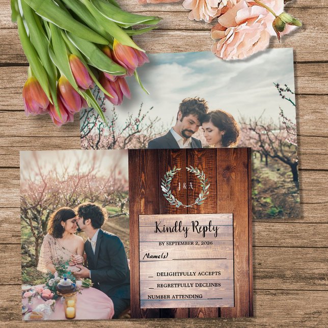 Rustic wood monogram photo Wedding budget RSVP Begleitkarte (Rustic wood monogram photo Wedding budget RSVP Enclosure Card. You can add your own photos.)