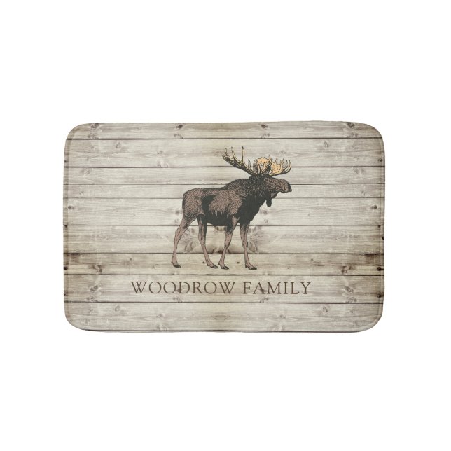 Rustic Wood Moose Family Name Shower Curtain Badematte (Vorderseite)