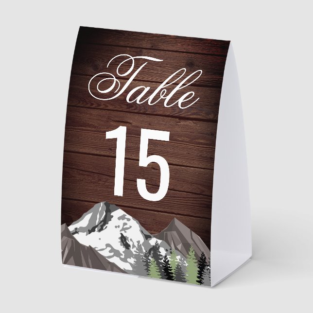 Rustic Wood Mountain Forest Wedding Table Number Tischaufsteller (Vorderseite)