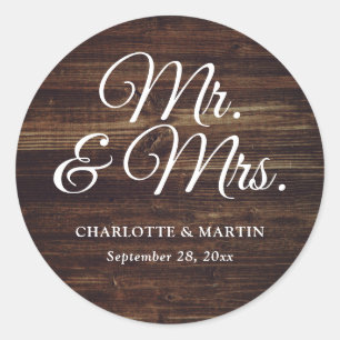 Rustic Wood Mr. and Mrs Wedding Runder Aufkleber