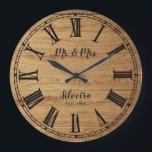 Rustic Wood Mr Mrs Custom Name Farmhouse Wooden Große Wanduhr<br><div class="desc">Rustic large clock for the new Mr. and Mrs. featuring antique illustration,  from vintage book,  with roman numerals,  over brown wood texture,  and custom family name,  in black script. Great for farmhouse decor,  easily customize this wooden like wall clock with your text and colors.</div>