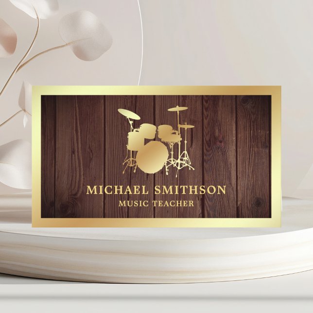 Rustic Wood Music Teacher Gold Drum Kit Drummer Visitenkarte (Von Creator hochgeladen)