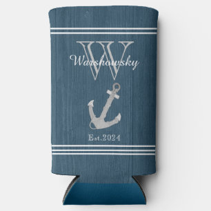 Rustic Wood Nautical Blue Anchor Monogram Selters Dosenkühler