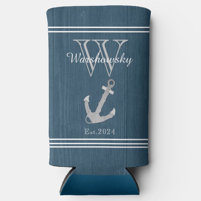 Rustic Wood Nautical Blue Anchor Monogram Selters Dosenkühler (Vorderseite)