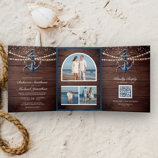 Rustic Wood Navy Blue Anchor QR Code Hochzeit Dreifach Gefaltete Einladung (Von Creator hochgeladen)