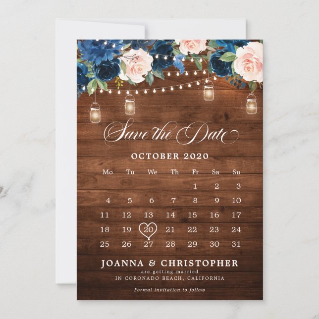 Rustic Wood Navy Blue Floral Mason Jar Kalender Save The Date (Vorderseite)