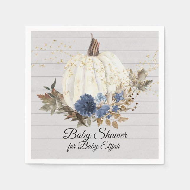 Rustic Wood Navy Blue Floral Pumpkin Baby Dusche Serviette (Vorderseite)