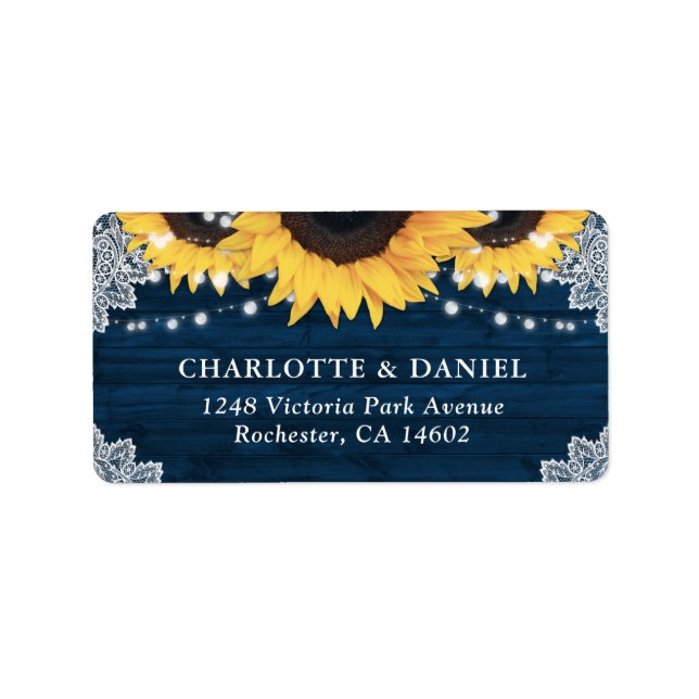 Rustic Wood Navy Blue Sunflower Wedding Address Adressaufkleber (Vorne)