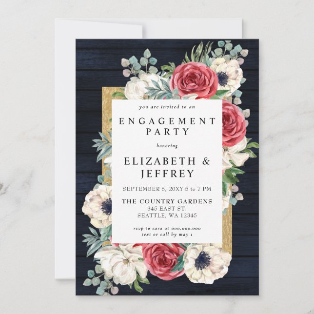 Rustic Wood Navy Burgundi Gold Engagement Party Einladung (Vorderseite)
