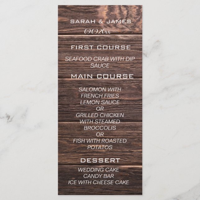 Rustic Wood Oak Wedding Personalisierte Menükarte (Vorderseite)
