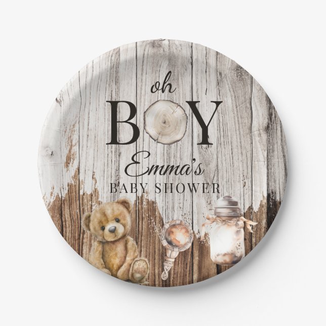 Rustic Wood Oh Boy Baby Dusche Einladung Pappteller (Vorderseite)