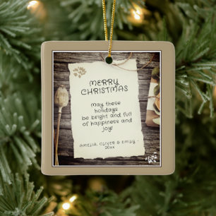 Rustic Wood Old Paper Script Frohe Weihnachten Keramikornament