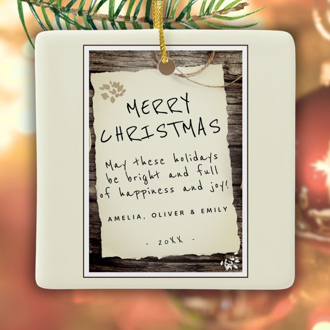 Rustic Wood Old Paper Script Frohe Weihnachten Keramikornament (Von Creator hochgeladen)