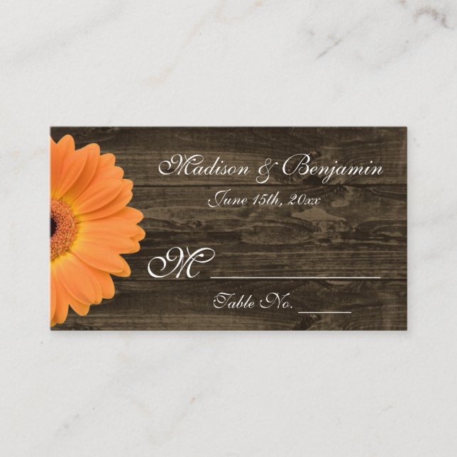 Rustic Wood Orange Gerber Daisy Mariage Carte Plac (Devant)