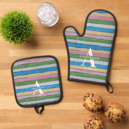 Rustic Wood Pastel Stripes Family Name Ofenhandschuh & Topflappen-Set