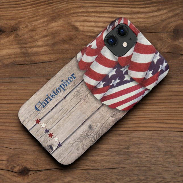 Rustic Wood Patriotic Red White Individuelle Name  Case-Mate iPhone Hülle (back of phone case)