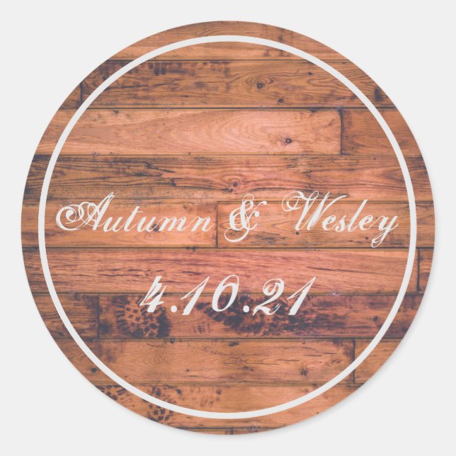 Rustic Wood Personalize Name Date Runder Aufkleber (Vorderseite)