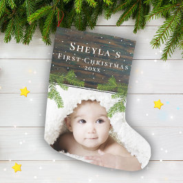 Rustic Wood Pine Baby - Erstes Weihnachtsfest-Foto Großer Weihnachtsstrumpf