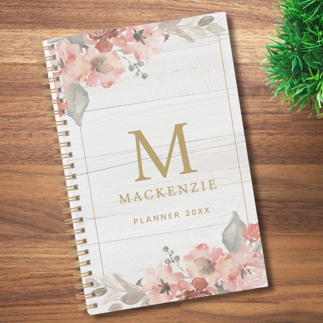 Rustic Wood Pink Floral Watercolor Monogram (Créateur téléchargé)