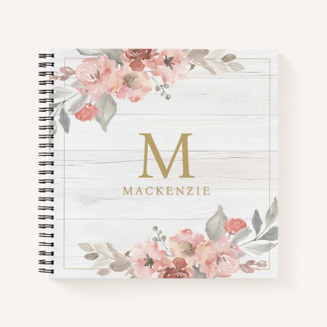 Rustic Wood Pink Floral Watercolor Monogram Notizbuch (Vorderseite)